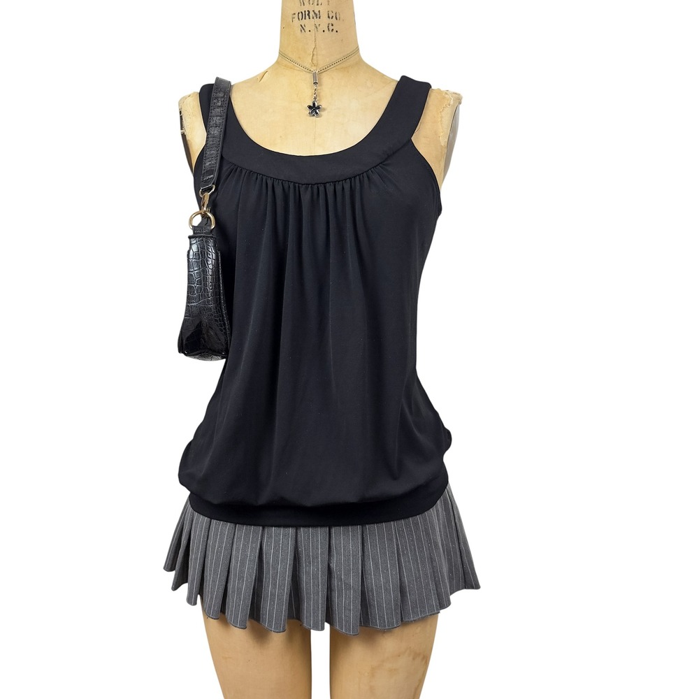 90s Rampage Black Draped Tank Top Gathered Pleated Neck Vintage Grunge Size M